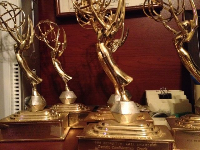 A shelf of Emmy Awards from Mike Wendland's television career